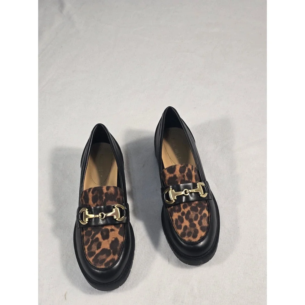 Nine West Wnnewdale8 Leopard Print Horsebit Lug Sole Loafers Black Women 6M new